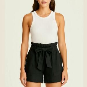 Krisa Revolve 100% Linen Shorts belt L Pocket black raw hem coastal resort beach